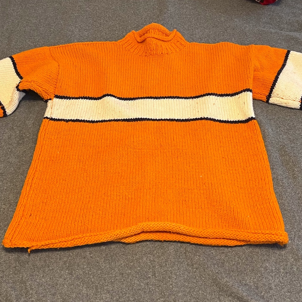 NEMO STRIPPED WOOL SWEATER, HAND WOVEN, L, SEATTLE MARKET, ORANGE/BLUE/WHITE